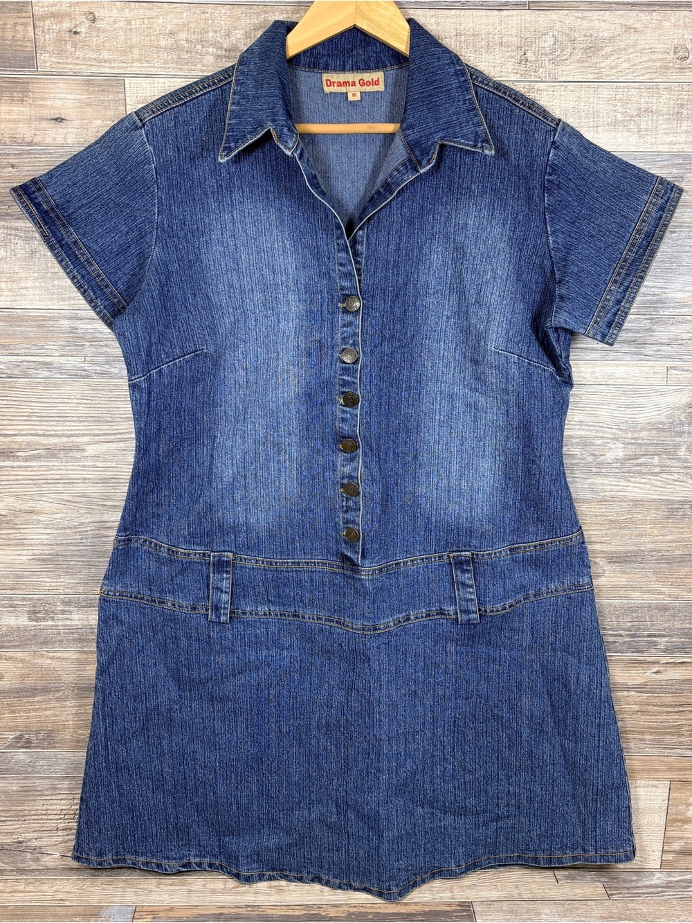 Drama Gold Women's Dark Blue Denim Button-Front Mini Dress Y2K Size 16